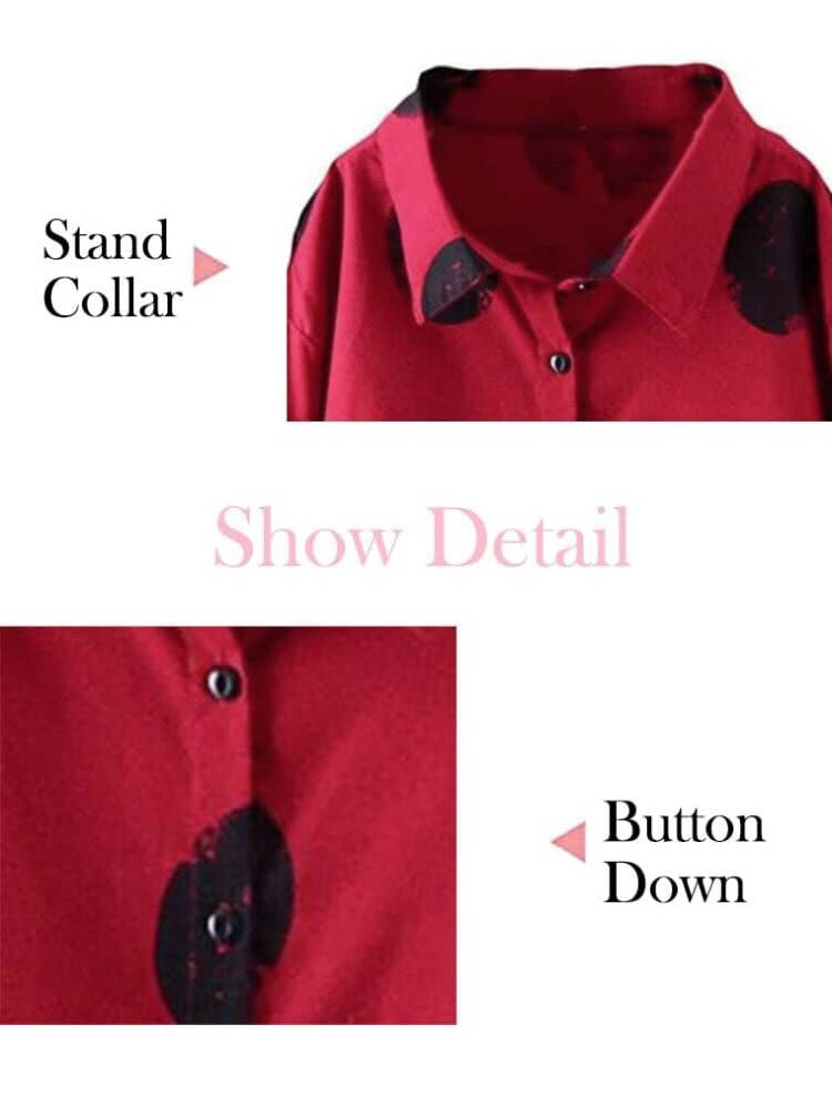 Minibee بلوزة ميني بي النسائية بأزرار قميص تونك مزخرف بنقاط حمراء XL - Image 2